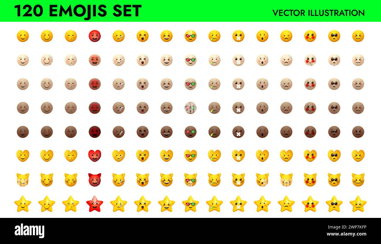 Emoji Set Vektor Illustration Design. Emoticons-Paket für Web- und mobile Anwendungen. Gesichtszeichen für Boten und Chats. Gelbe und andere Haut Stock Vektor