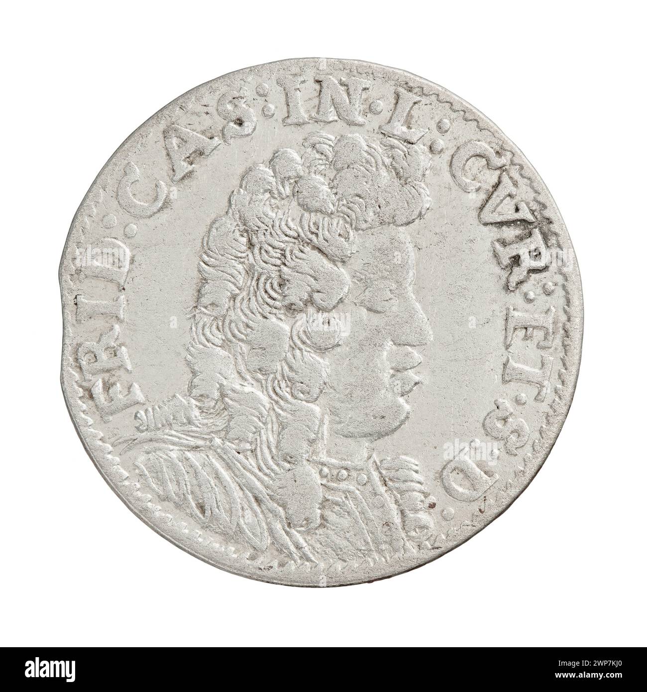 Diese silberne 6-Pfennig-Münze wurde 1694 unter Herzog Fryderyk Kazimierz Kettler von Kurland und Semigallia ausgegeben, entworfen von Gustaw Adolf Hille. Die Vorderseite zeigt das Porträt des Herzogs und die Rückseite zeigt die Denomination und die heraldischen Symbole des herzogtums. Stockfoto