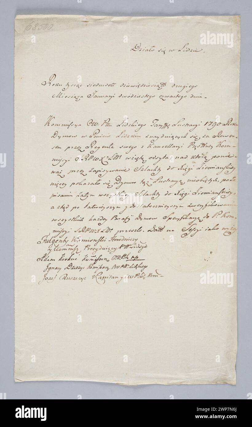 Offizielles Protokoll von 1792, herausgegeben von der Zivil- und Militärkommission von Lidzki, das administrative und militärische Angelegenheiten dokumentiert. Stockfoto