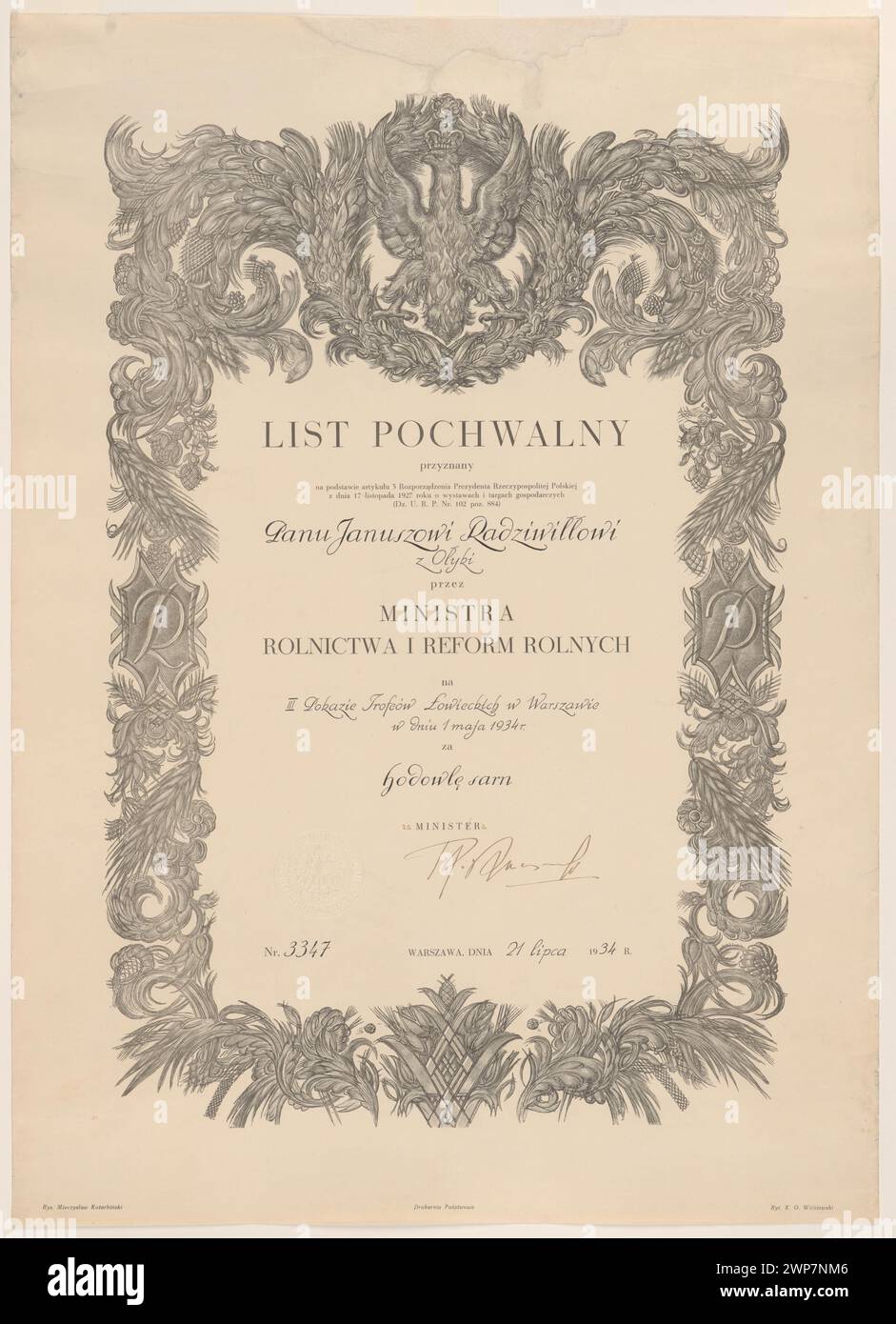 Schreiben zum Lob von Janusz Radziwiłł vom 21. Juli 1934, in dem Anerkennung, Anerkennung oder offizielle Korrespondenz dokumentiert werden. Stockfoto