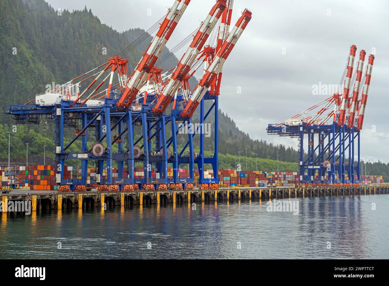 Hafenkrane mit Containern im Hafen von Prince Rupert, British Columbia, Kanada. Stockfoto
