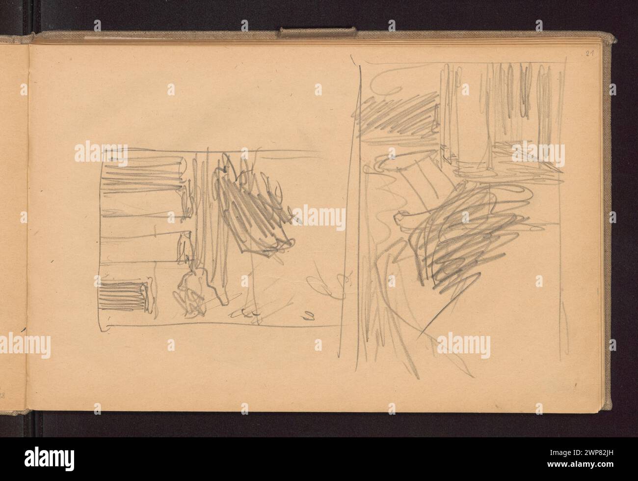 Zwei Skizzen von Ferdynand Ruszczyc aus dem Jahr 1900-1910, die das Wandmotiv vor dem Hof auf dem Gutshof Bohdanów, Weißrussland und Litauen darstellen und sich auf architektonische Details konzentrieren. Stockfoto