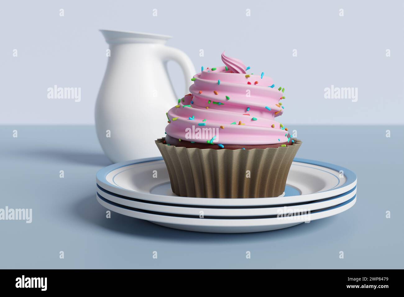 Rosafarbener Cupcake auf einem Stapel weißer Keramikplatten mit einem weißen Milchglas auf einem blassblauen Hintergrund. Verwöhnende Desserts und süße Speisen und Fettleibigkeit Stockfoto