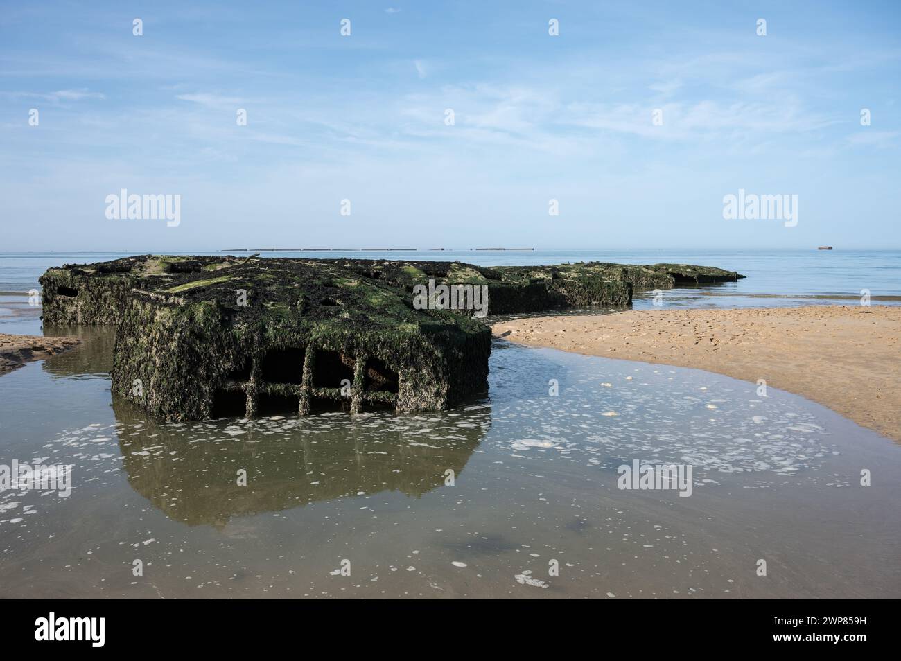 Detail eines Fragments des künstlichen Mulberry-Hafens aus Operation Overlord D-Day. Es ist halb begraben und hängt am Strand fest, es ist voller Moos Stockfoto