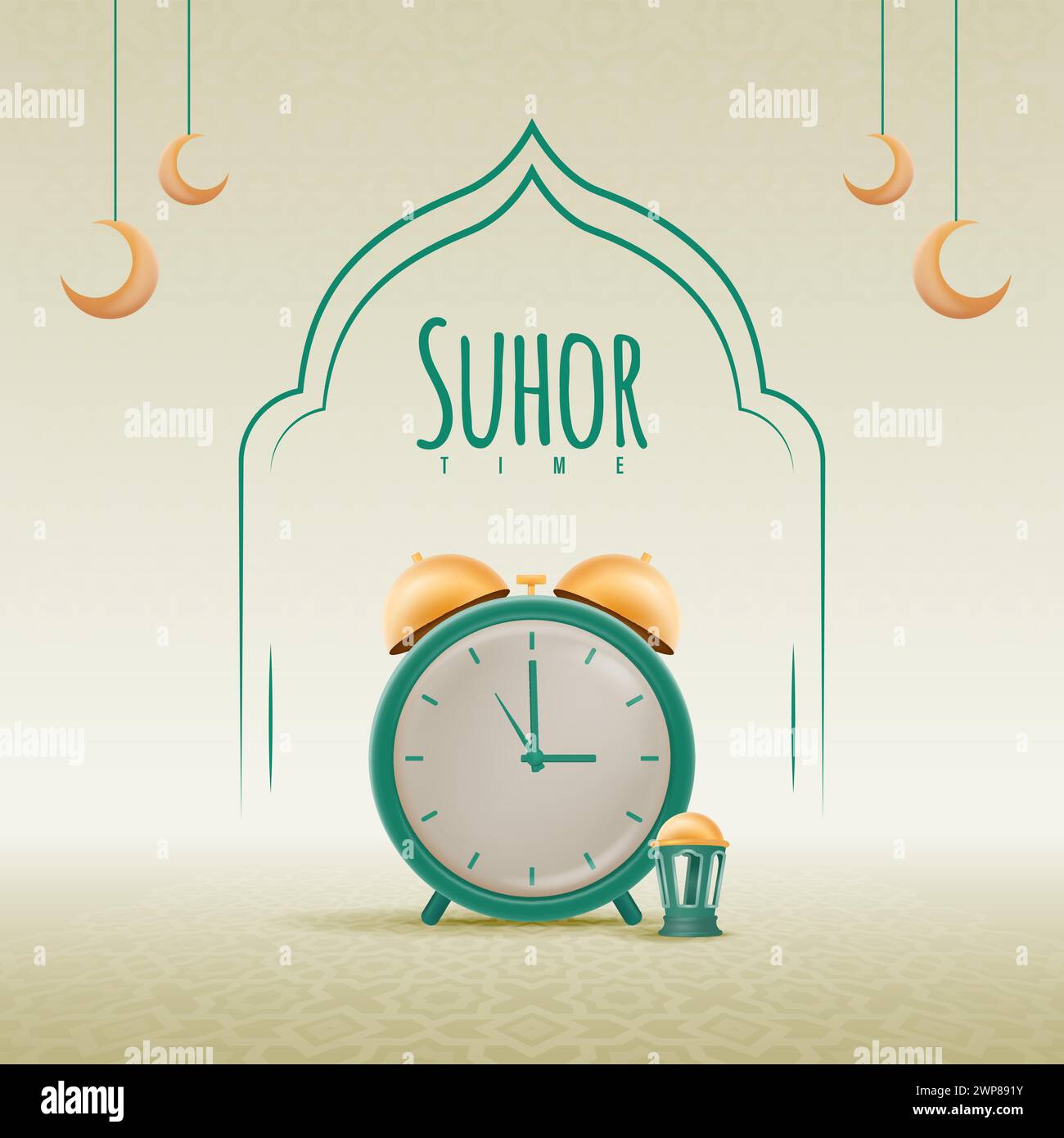 Suhoor Design mit Wecker, der 3 Uhr morgens bis zum Wecken Vektor-Illustration anzeigt. Einfache Vorlage für Poster-Banner vor der Morgenmahlzeit Stock Vektor