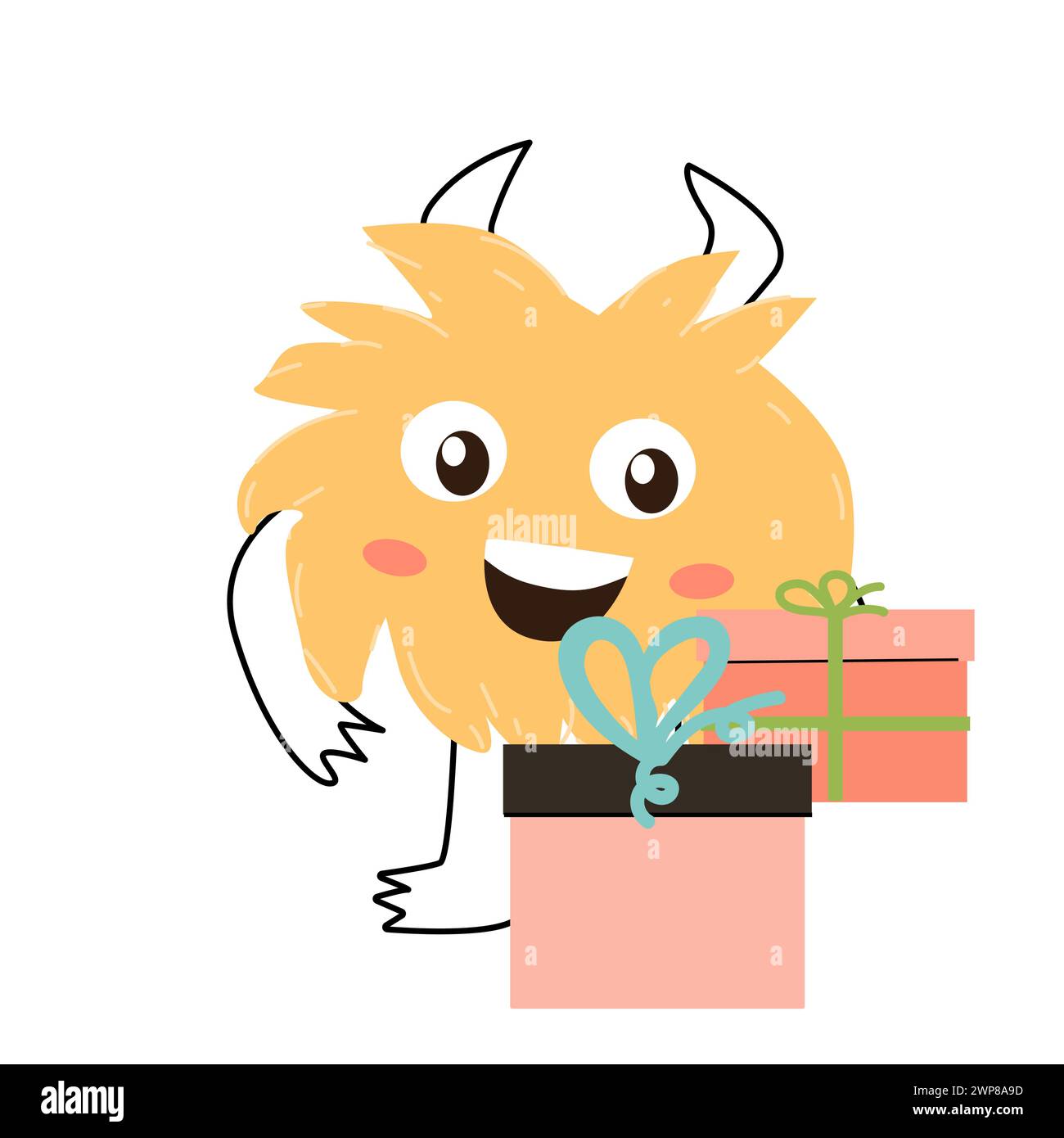 Niedliches Monster mit zwei Geschenken in gelber Farbe. Vektor-Illustration kann für Banner, Baby Geburtstag Hintergrund, Grußkarte, Poster für Innenraum verwendet werden. Cu Stock Vektor