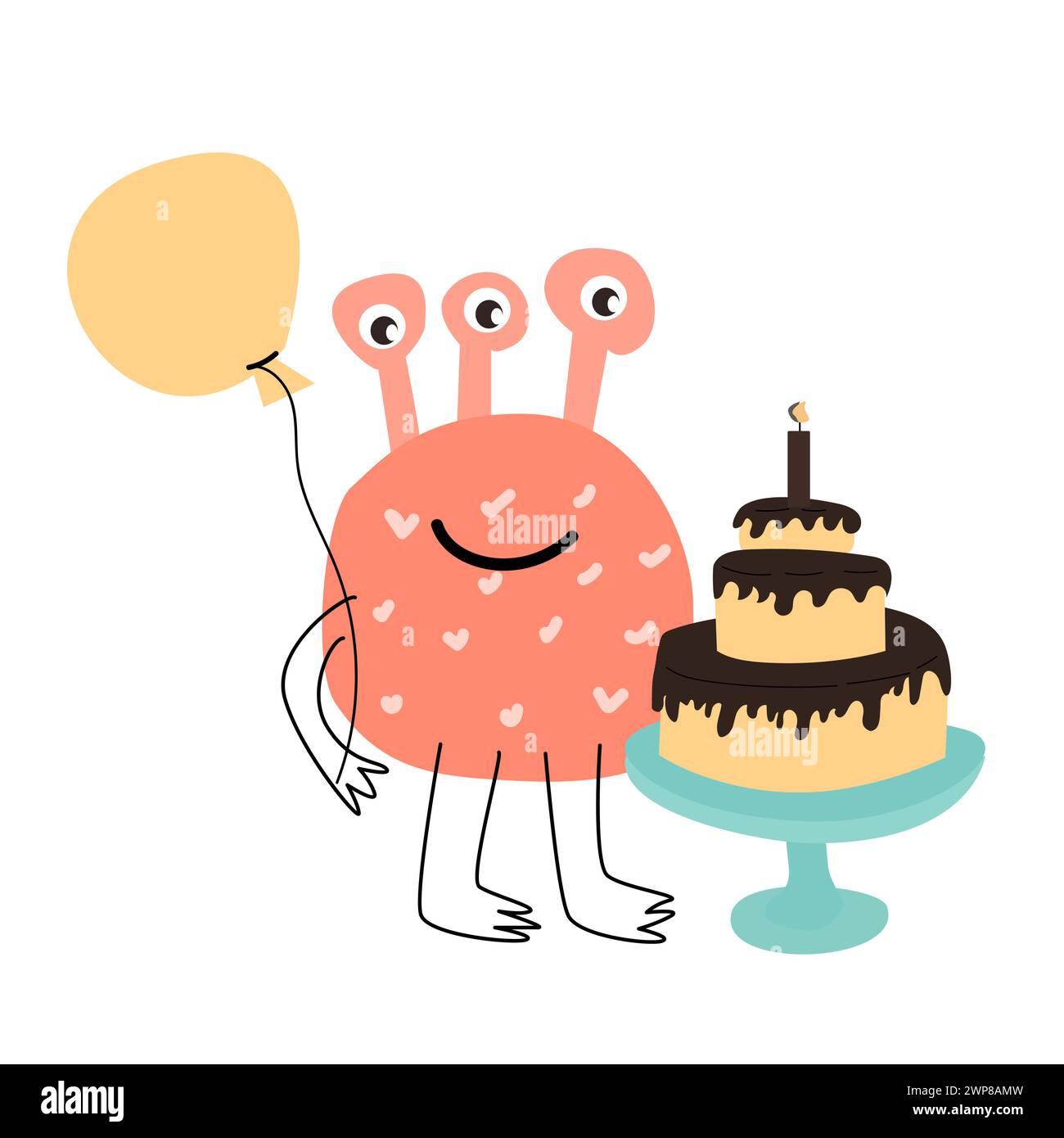 Niedliches Monster mit Kuchen für Jubiläumskarte. Vektor-Illustration kann für Banner, Baby Geburtstag Hintergrund, Grußkarte, Poster für Innenraum verwendet werden. Cu Stock Vektor