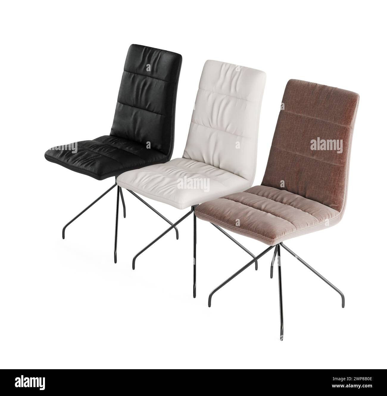Ein 3D-Rendering von drei modernen Stühlen in Schwarz, weiß und Braun mit eleganten Metallbeinen Stockfoto