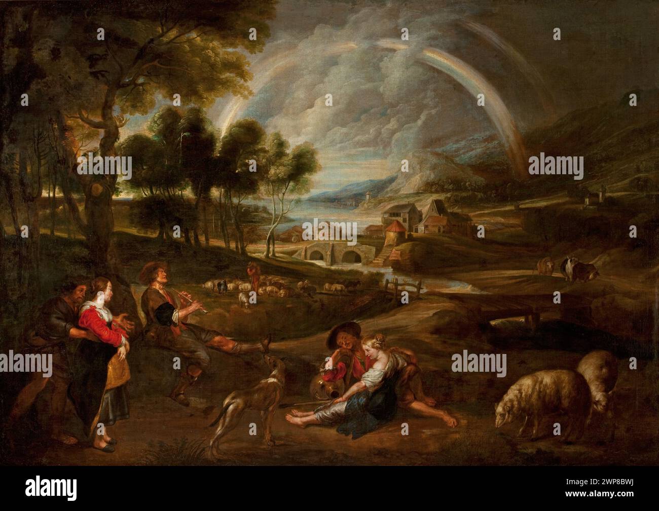 Landschaftsgemälde mit Regenbogen von Peter Paul Rubens (1577–1640) aus dem 17. Bis 18. Jahrhundert, erhalten in der Lachnicki-Sammlung mit flämischem Malstil. Stockfoto