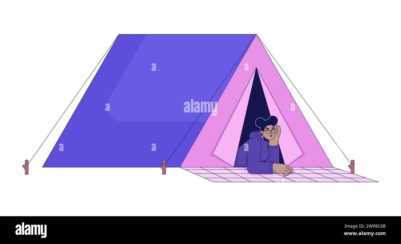 Schwarzes Mädchen, das auf dem Campingzelt liegt, 2D-Zeichentrickfigur Stock Vektor