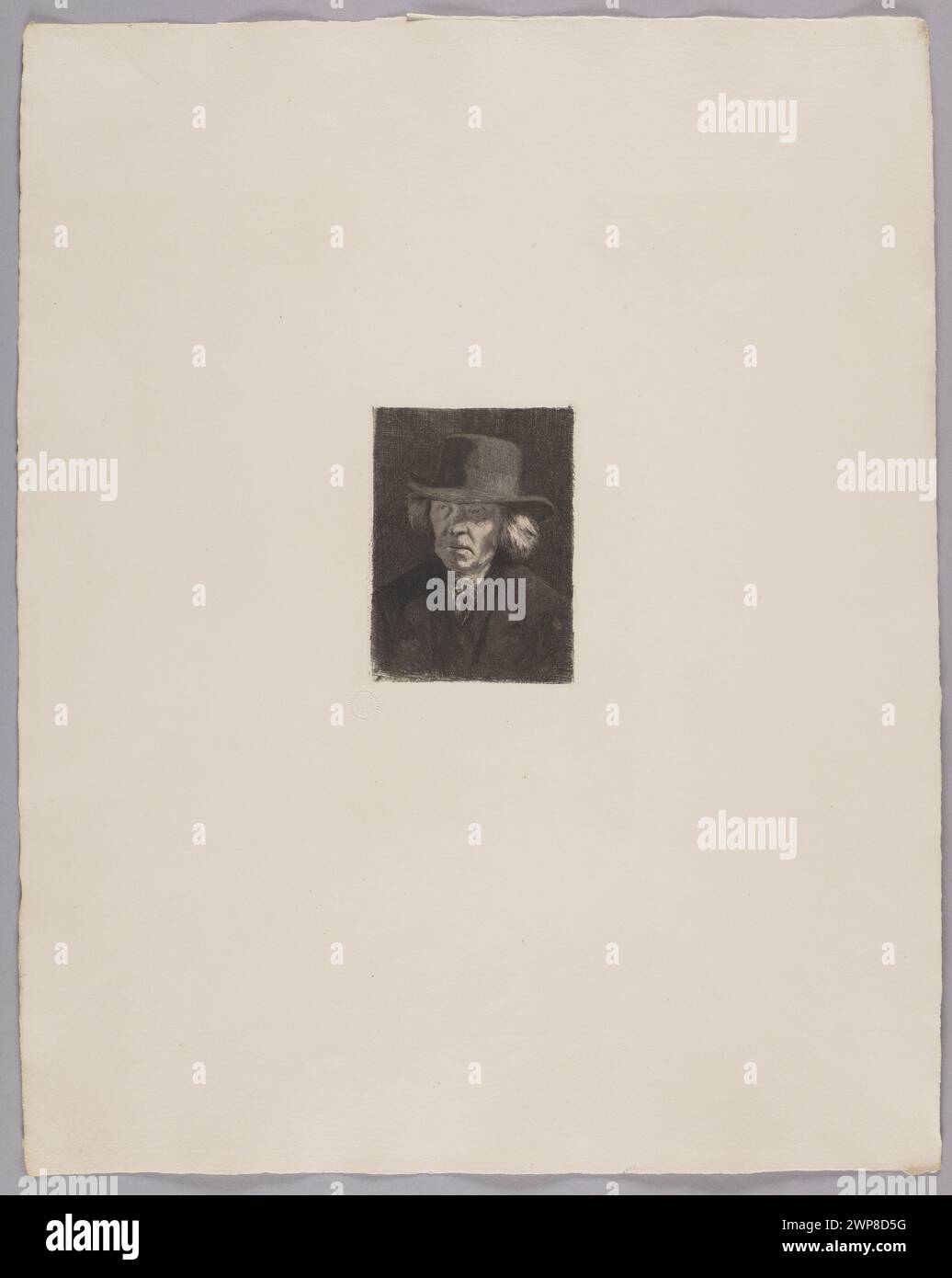 Dieser 1893er-Druck „Old Czowiek, pl. 5' von Francis Petrus Paulus zeigt eine menschliche Figur, die Form, Haltung und Gesichtszüge betont. Stockfoto
