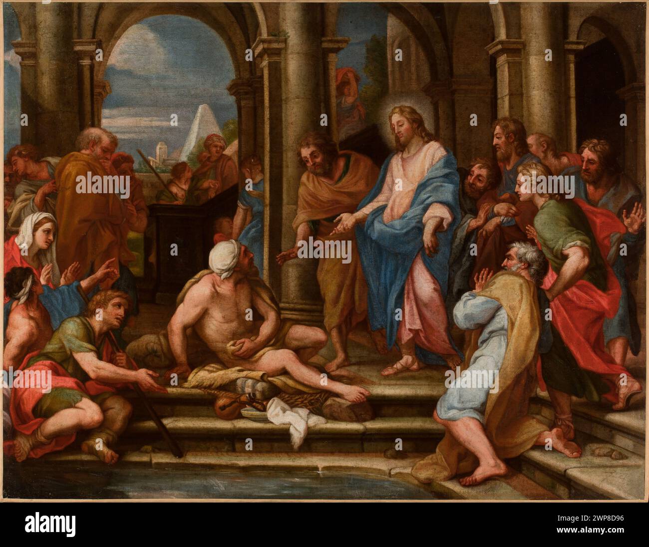 Ein französisches Gemälde aus dem 17. Jahrhundert zeigt Christus, der einen Patienten im Pool von Bethesda heilt, und zeigt eine religiöse Szene des Neuen Testaments, die in Sammlungen aufbewahrt wurde. Stockfoto