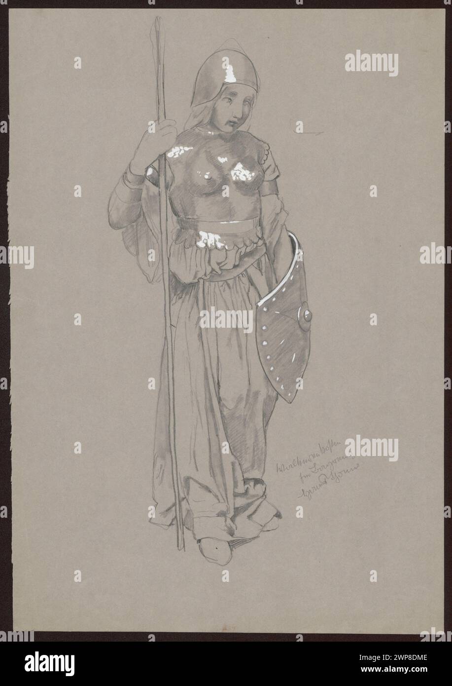 Valkyrii-Kostümentwürfe von Hans Thoma (1896) für Wagners Nibelung-Ring-Opern in Bayreuth mit weiblichen Figuren, Rüstungen und Bühnenkostümen, die im Schlesischen Museum der Bildenden Künste aufbewahrt wurden. Stockfoto