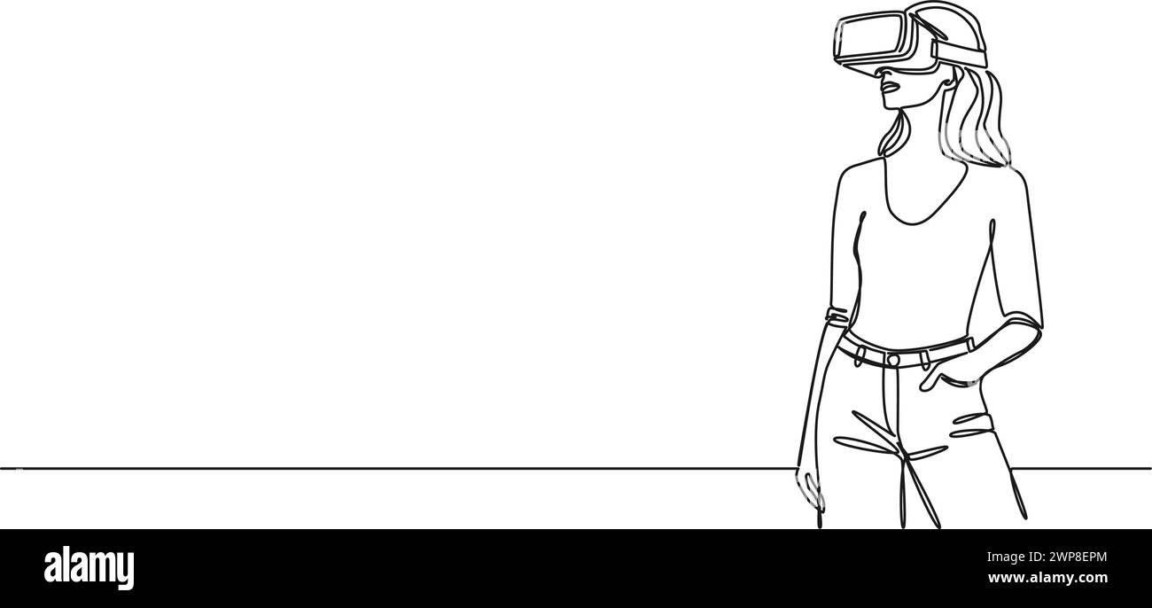 Durchgehende einzeilige Zeichnung einer Frau, die VR-Headset trägt, Strichgrafik-Vektor-Illustration Stock Vektor