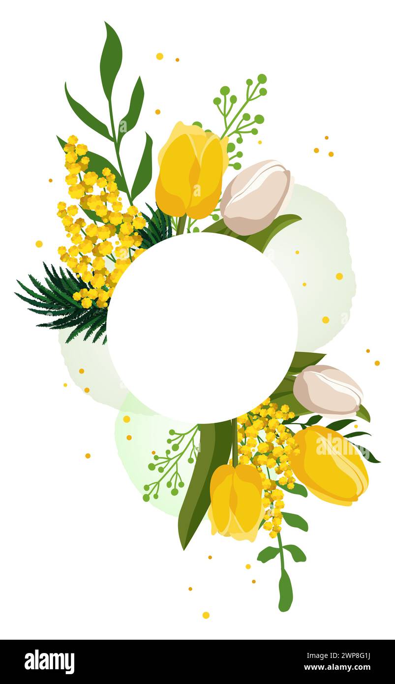 Runder Federrahmen mit gelben Tulpen und Mimosa für Wörter und Text. Vektor-Hintergrundschablone mit Blumen für Design, Grußkarte, Banner, Brett, Stock Vektor