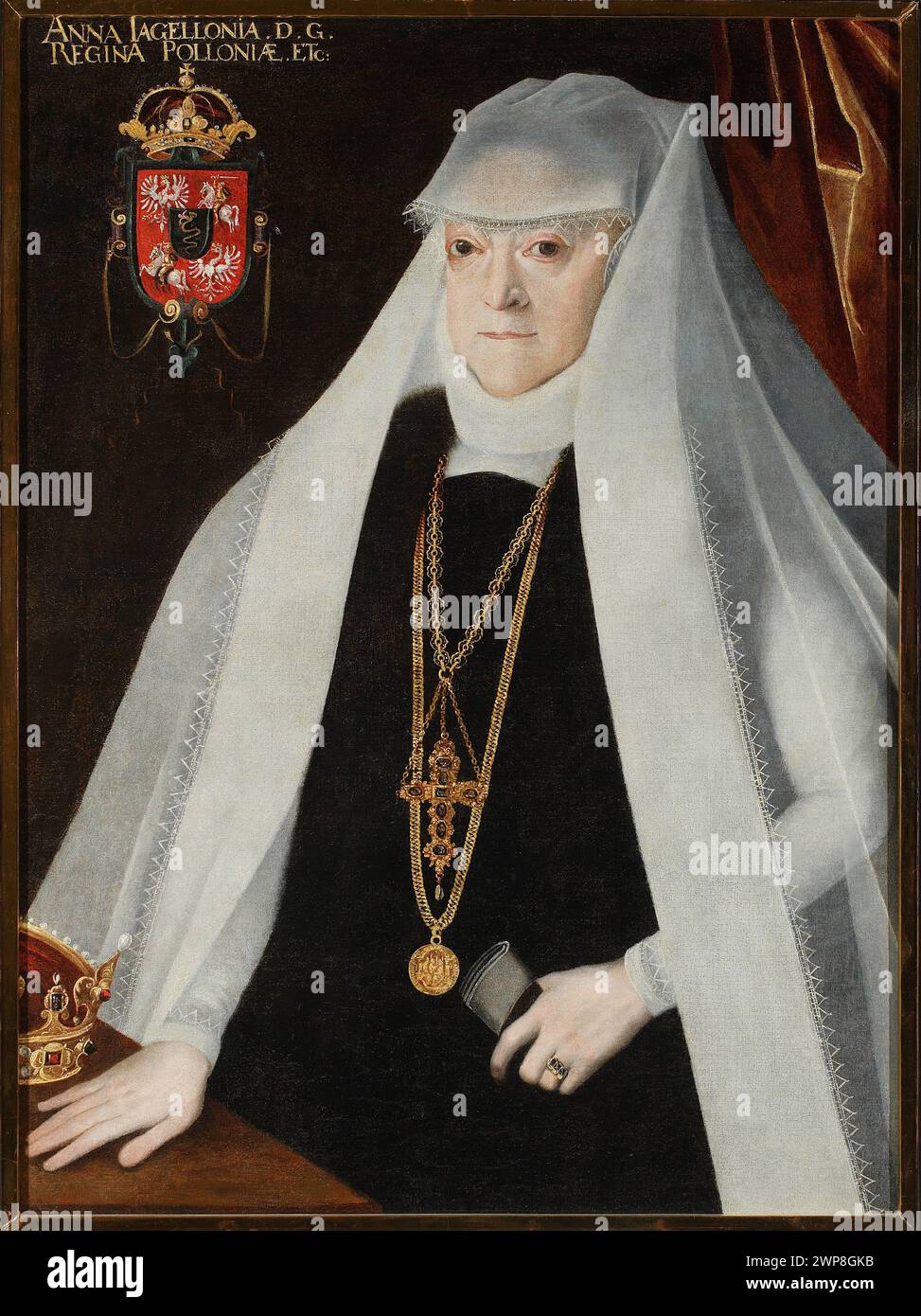 Porträt von Anna Jagiellonka (1523–1596), Königin von Polen, gemalt von Marcin Kober gegen Ende des 16. Jahrhunderts. Das repräsentative Porträt zeigt die Königin mit Krone, Schmuck und formeller Kleidung, die in Sammlungen in Warschau aufbewahrt wurde. Stockfoto