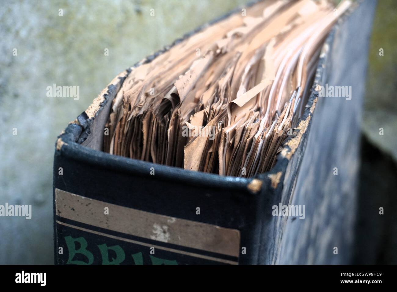 Eine Nahaufnahme eines Vintage-Buches mit alten gelblichen Seiten Stockfoto
