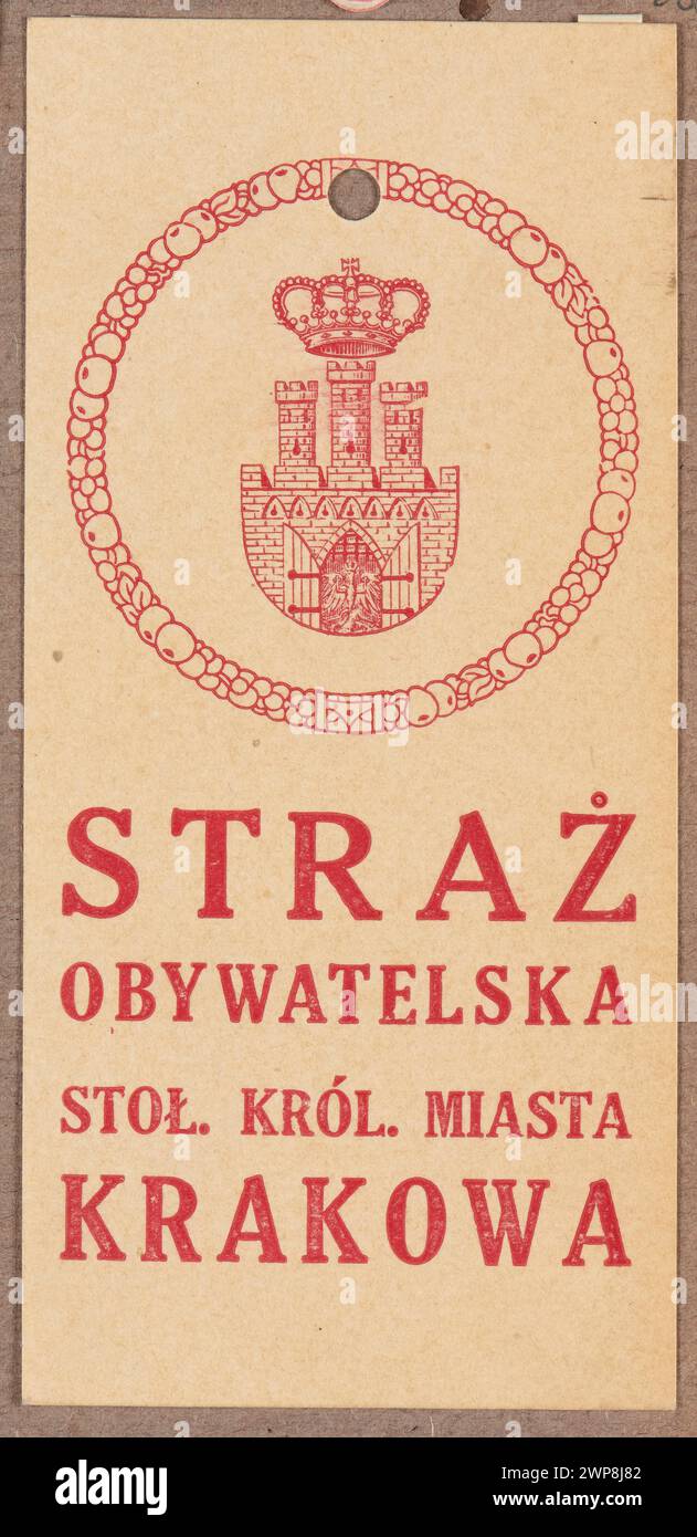 Runddruck aus dem Jahr 1914-1920 mit dem Krakauer Wappen mit Text über die Bürgermeister und die Gemeindebehörde. Stockfoto