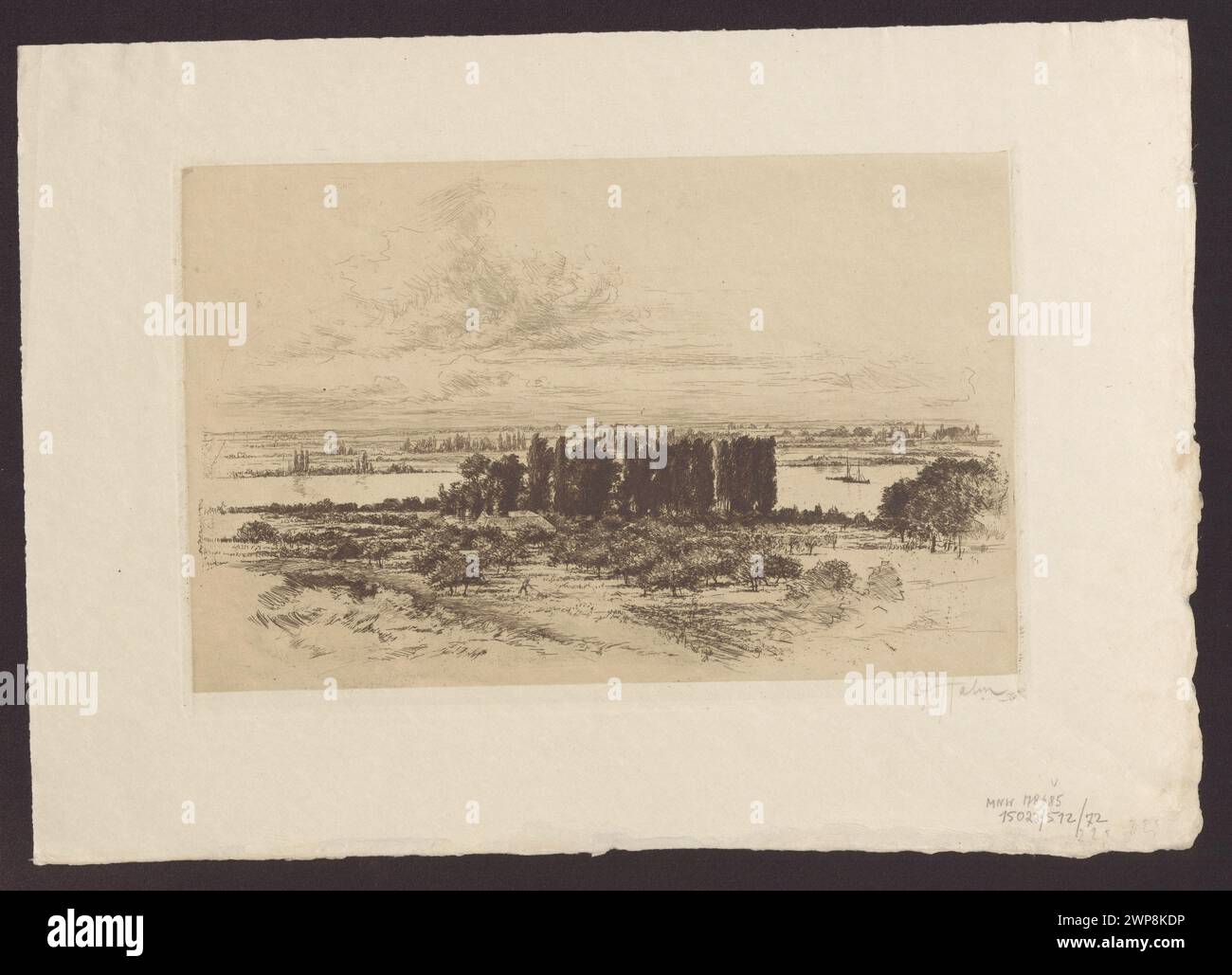 Landschaftsgemälde von Peter von Halm aus dem Jahr 1897, die den Rhein bei Mainz in Deutschland mit realistischen Details darstellt. Stockfoto