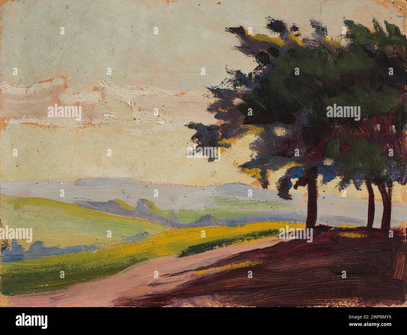 Ein zeitgenössisches Landschaftsgemälde aus dem 20. Jahrhundert, das natürliche Landschaften darstellt und Komposition, Farbe und atmosphärische Elemente betont. Stockfoto
