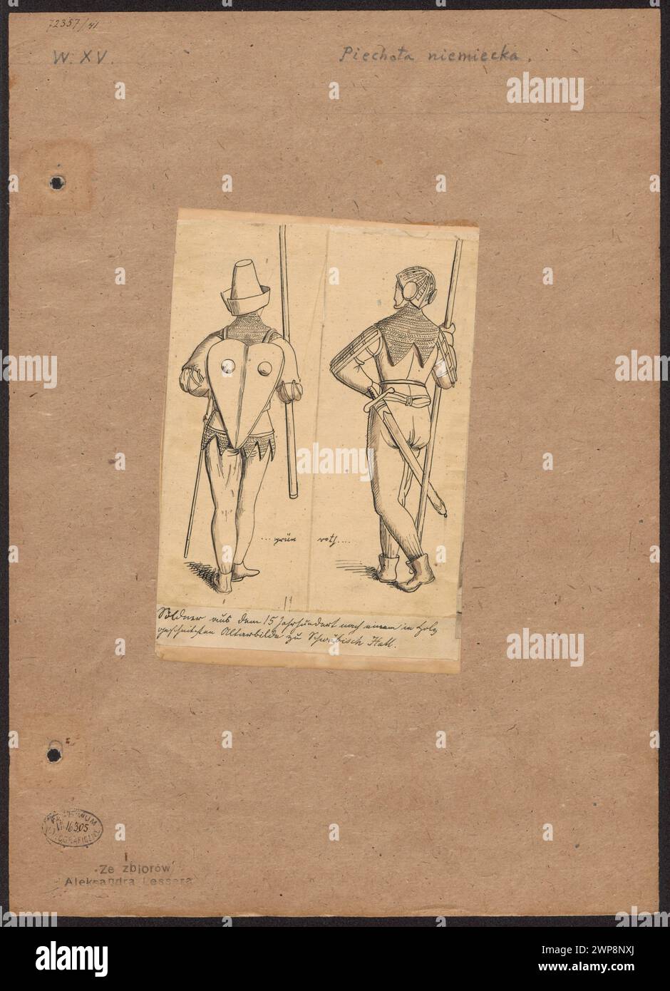 Deutsche Infanterie aus dem 15. Jahrhundert, dargestellt in Kostümen, einschließlich Waffen und Armeeformationen, dokumentiert von Aleksander Lesser. Stockfoto