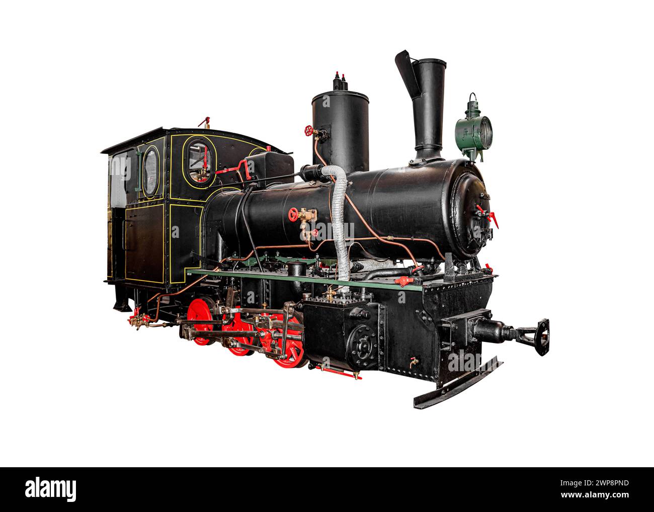 Alte Dampflokomotive isoliert auf weißem Hintergrund. Stockfoto