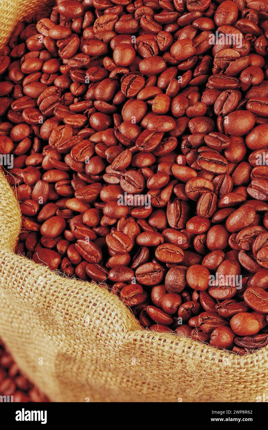 Stoffbeutel gefüllt mit Cofee Beans Stockfoto