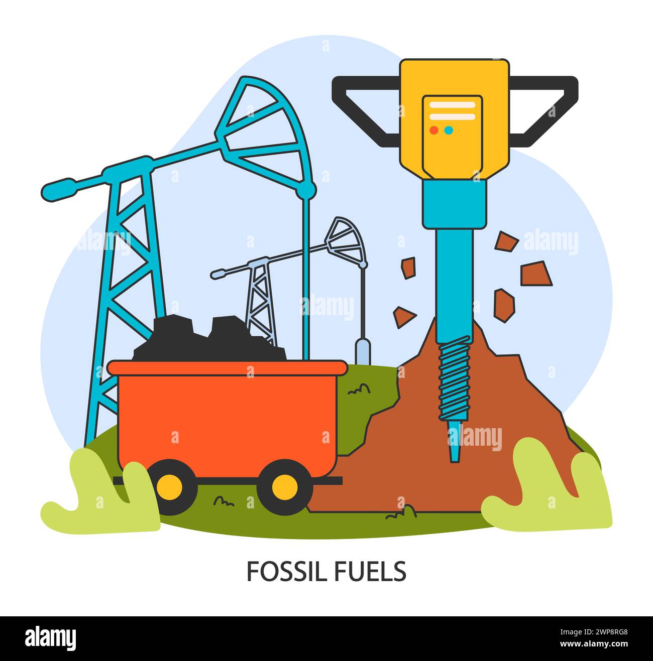 Klimawandel. Fossile Brennstoffe. Erschöpfung der natürlichen Ressourcen. Ökologische Zerstörung mit Öl-, Gas- und Kohleverbrauch. Auswirkungen der Förderung fossiler Quellen auf das Klima. Illustration des flachen Vektors Stock Vektor