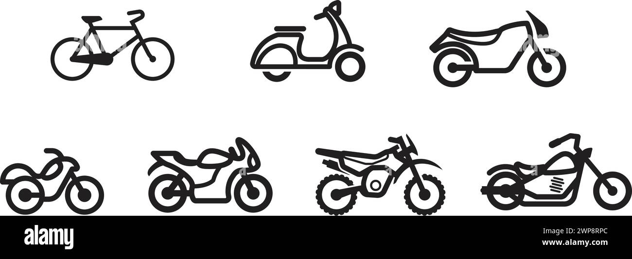 Einfacher Roller Moped Motorrad Motorrad Motorrad Fahrrad Silhouette Satz mit 7 Symbolvektoren in Seitenansicht isoliert auf weißem Hintergrund Stock Vektor