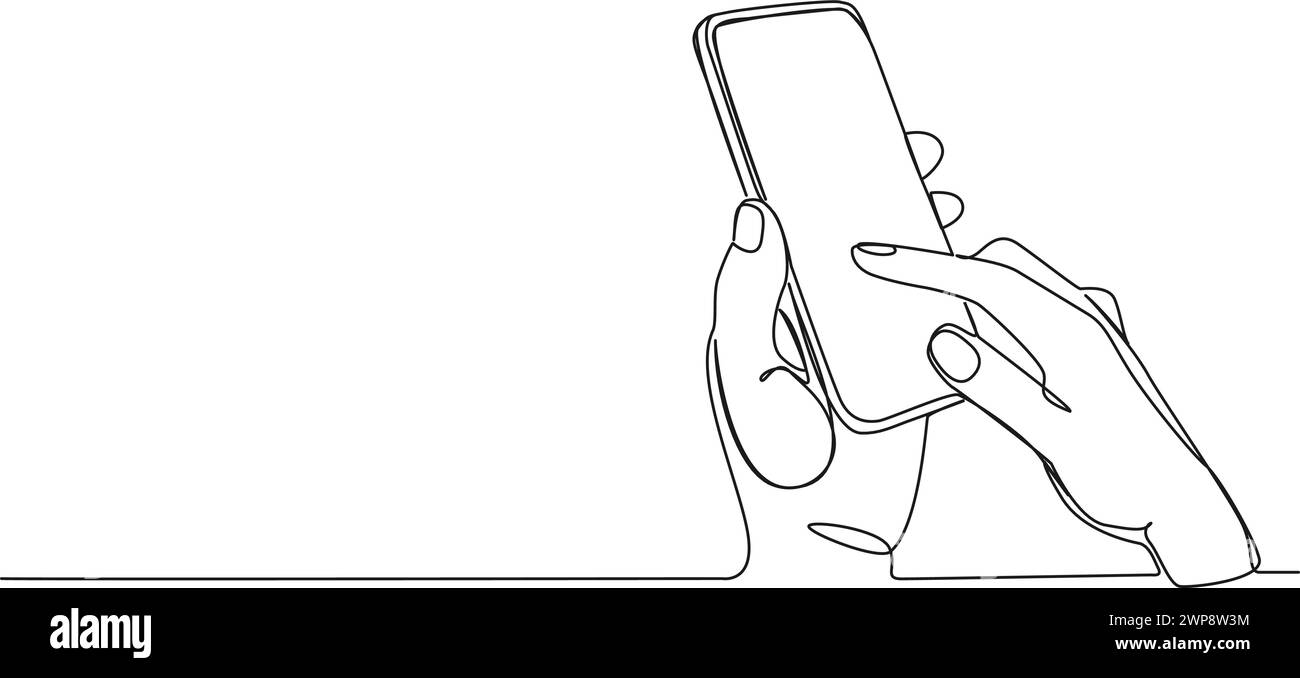 Durchgehende einzeilige Zeichnung der Hände, die das Smartphone halten, Strichgrafik-Vektor-Illustration Stock Vektor