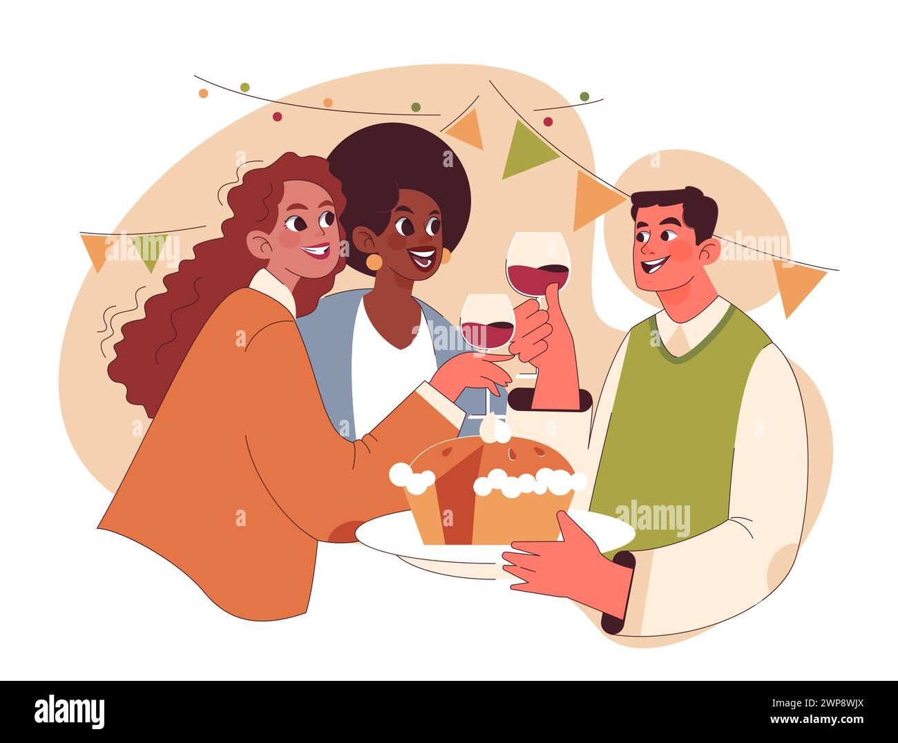 Fröhliche Familie feiert Thanksgiving. Amerikanische Feiertagsessen und -Treffen. Glückliche Freunde, die Zeit miteinander verbringen. Illustration des flachen Vektors Stock Vektor