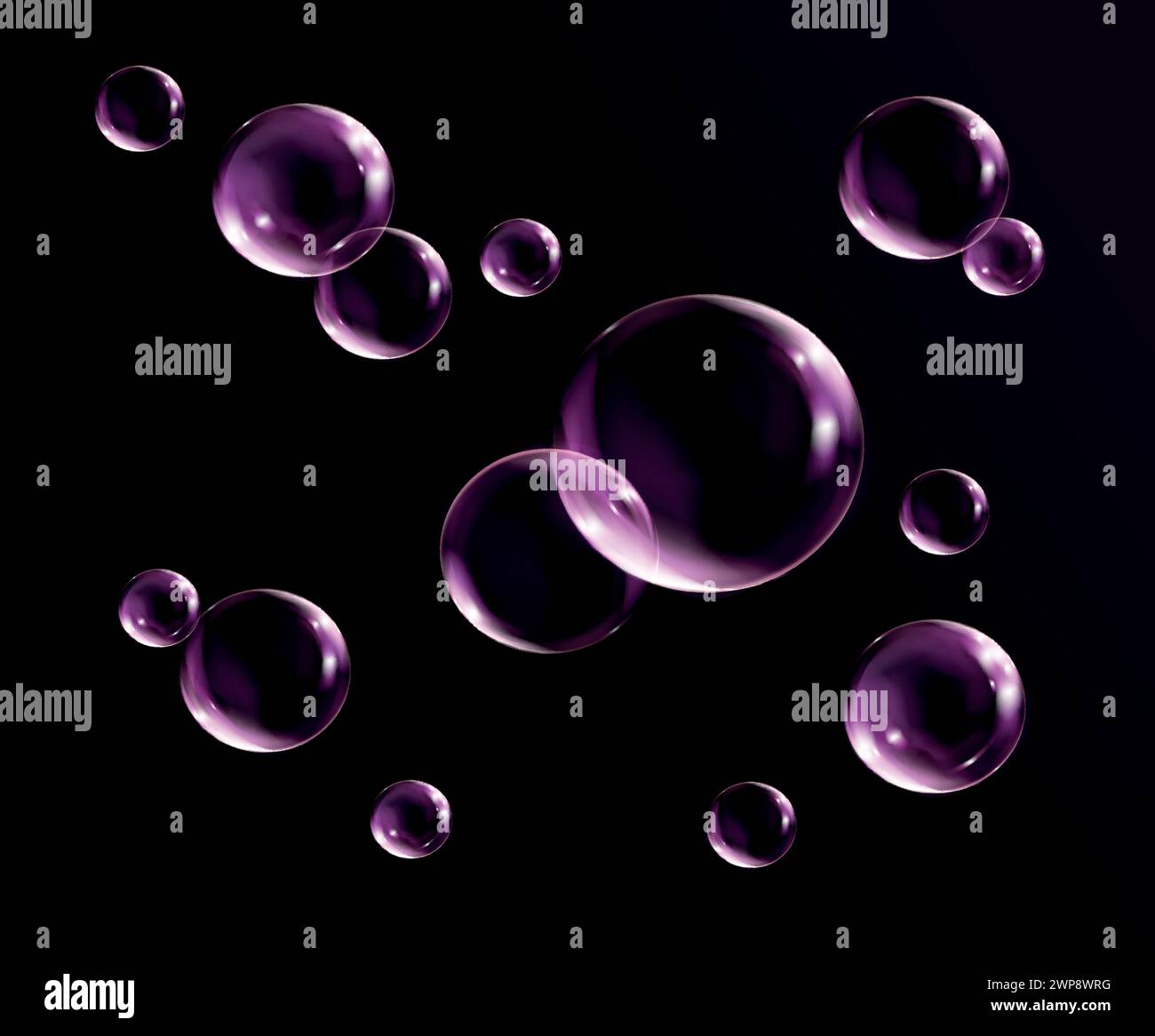 Realistische, transparente Seifenblasen in Pink mit Regenbogenreflexion. Isolierte Satzzusammensetzung. Stock Vektor