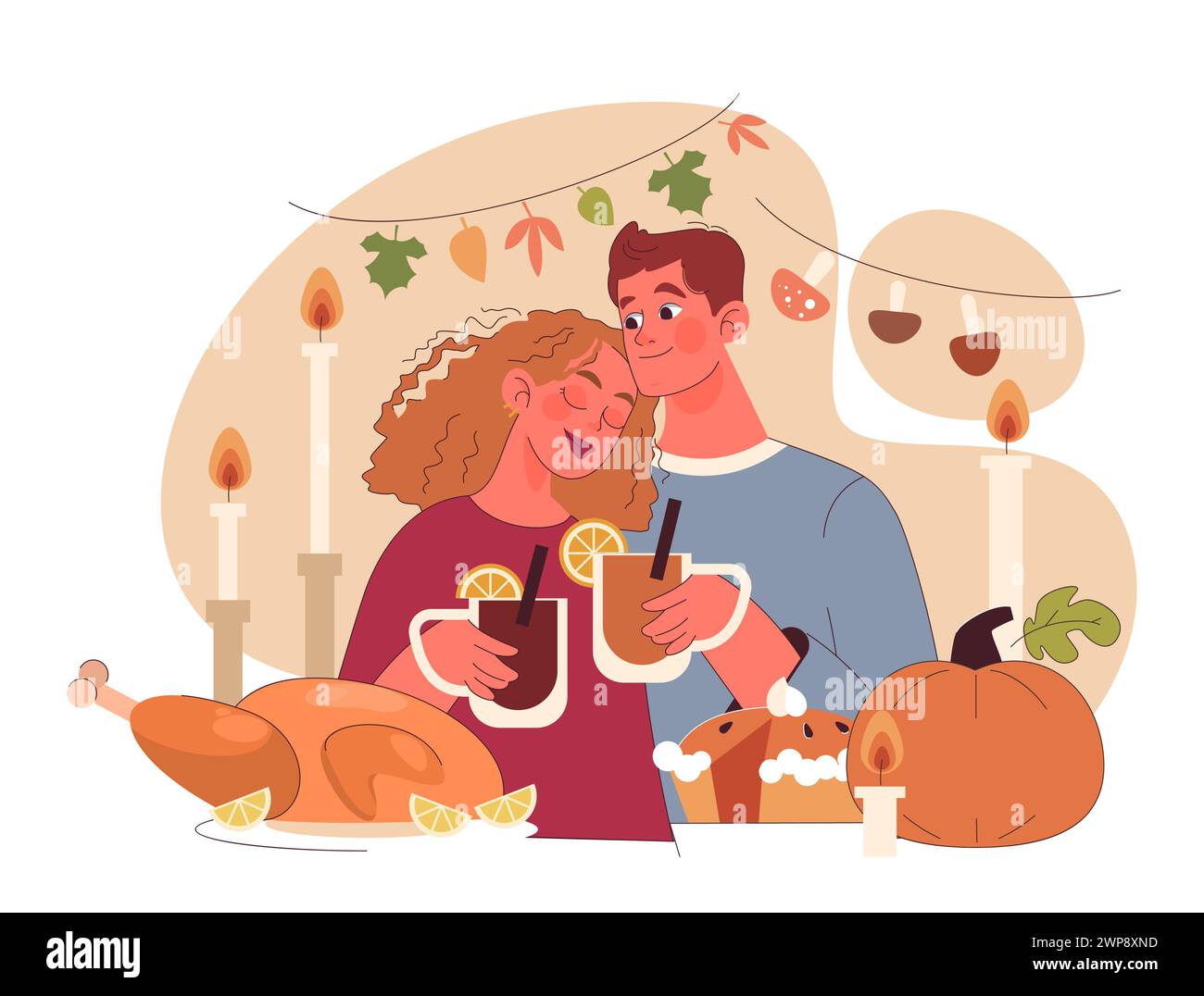 Fröhliche Familie feiert Thanksgiving. Amerikanische Feiertagsessen und -Treffen. Glückliches Paar, das Zeit miteinander verbringt. Illustration des flachen Vektors Stock Vektor