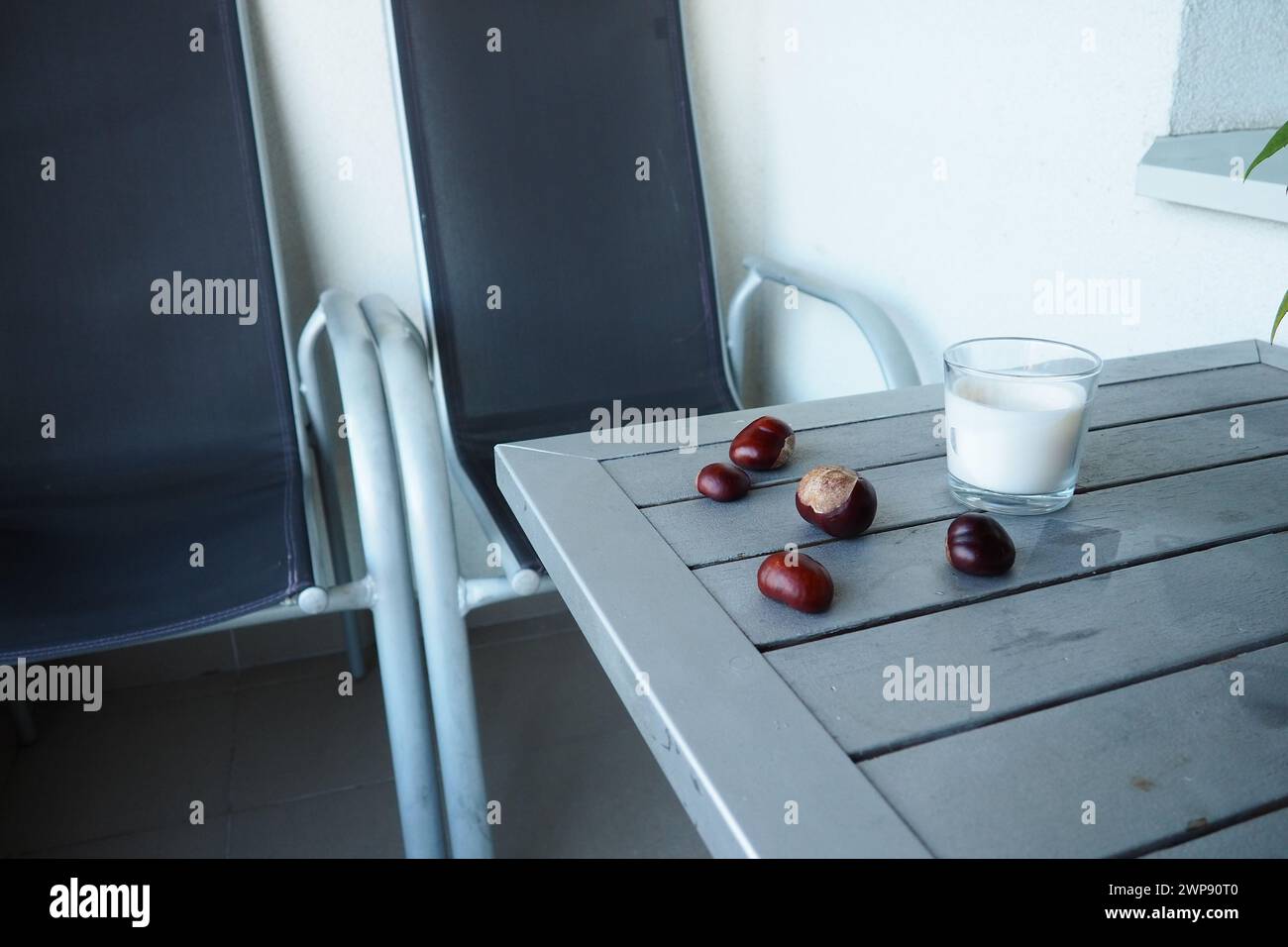 Kastanienfrüchte auf dem Tisch. Tisch und Stühle auf dem Balkon oder der Terrasse. Saisonende im Hotel. Der Tisch ist silberfarben gestrichen. Stockfoto