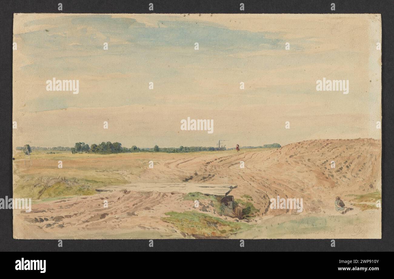 Landschaftsgemälde von Domaniew von Wojciech Gerson aus dem Jahr 1875, die Felder, Bäume und ländliche Landschaften darstellt. Stockfoto