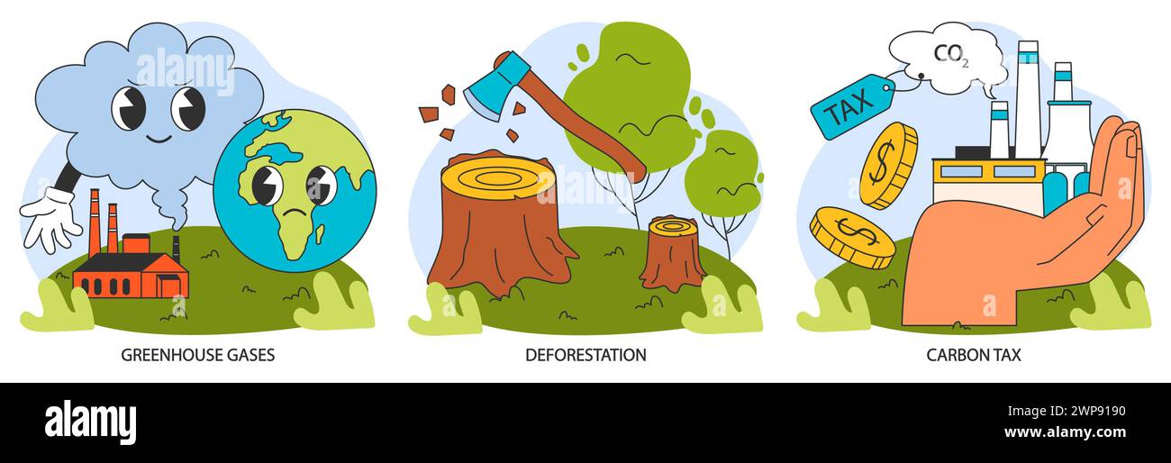 Klimaänderung Nacht- oder Dunkelmodus eingestellt. Anstieg der Planetentemperatur und Anstieg des Meeresspiegels aufgrund von CO2-Emissionen. Naturschutzmaßnahmen. Nachhaltigkeitsziel. Illustration des flachen Vektors Stock Vektor