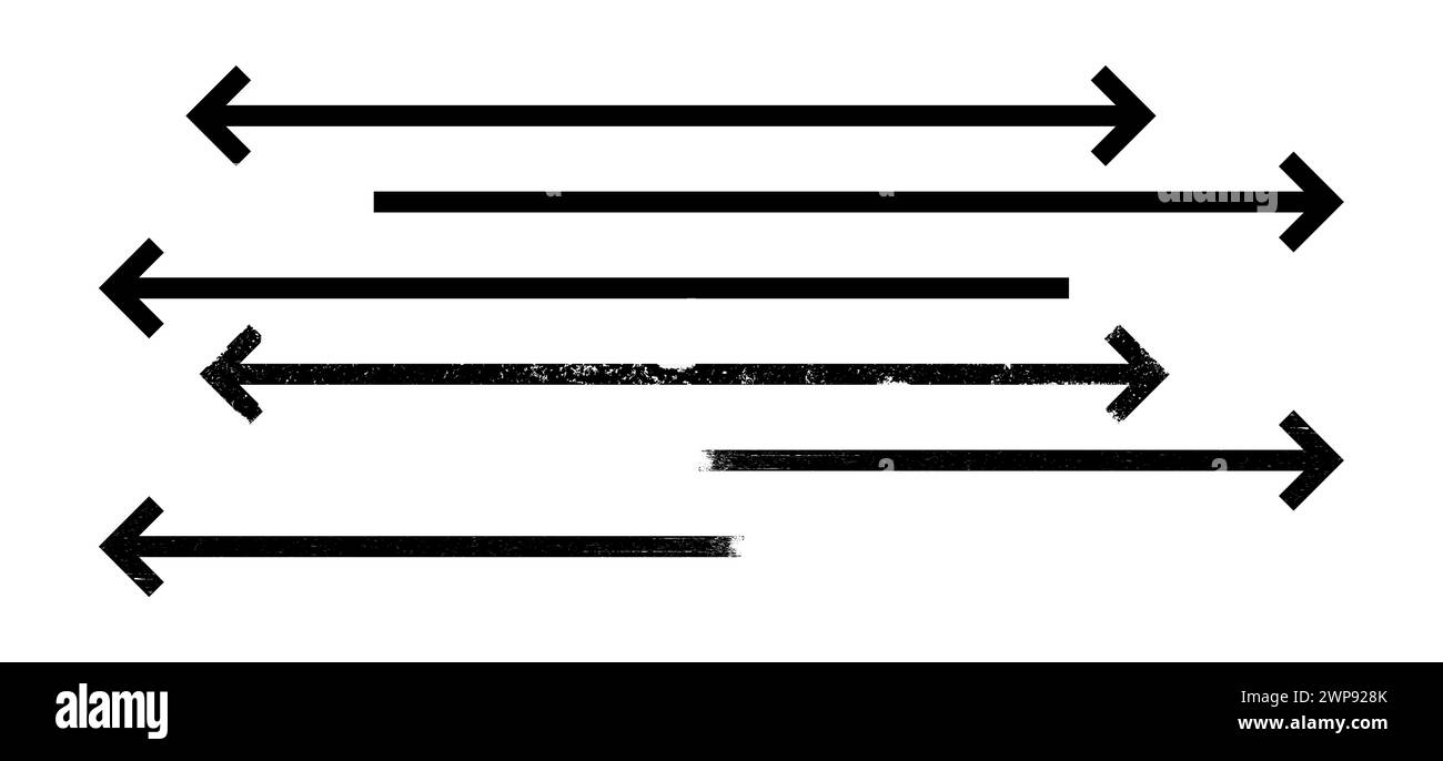 Satz dünner schwarzer Pfeile, die nach rechts links zeigen, lange, gerade Linie mit Grunge-Textur. Grafische Abbildung für Richtungssymbole, Aufwärts- und Abwärtstafeln Stock Vektor