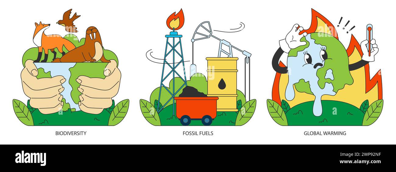 Klimawandel gesetzt. Anstieg der Planetentemperatur und Anstieg des Meeresspiegels aufgrund von CO2-Emissionen. Naturschutzmaßnahmen. Nachhaltigkeitsziel. Illustration des flachen Vektors Stock Vektor