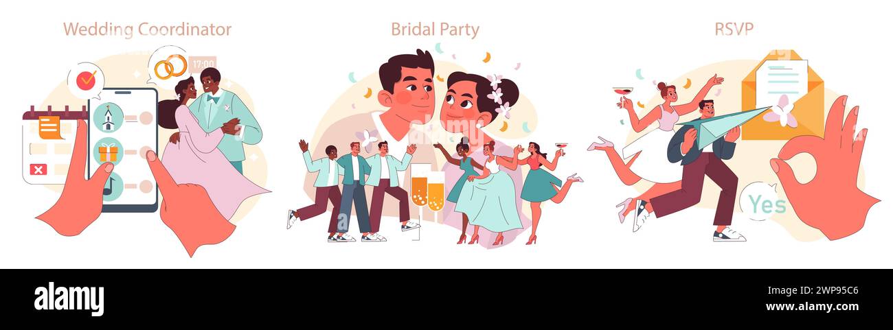 Hochzeitsveranstaltungen Set. Braut und Bräutigam mit der Hochzeitskoordinator-App, feierlicher Toast mit Freunden, Senden von RSVP-Einladungen. Momente der Freude und Planung. Illustration des flachen Vektors. Stock Vektor