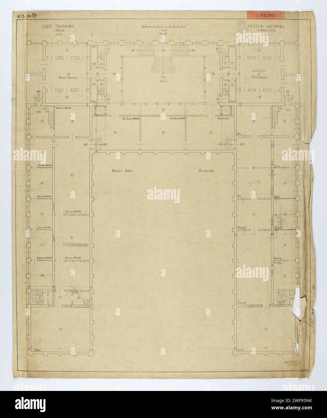 Warschau. Nationalmuseum. Bauprojekt (Abbildung 19). Teil Rodkowa (III-IV-V). Pi Zuerst. Nivellierprojektion mit Erklärungen und Korrekturen; Maßstab 1: 100; Tadeusz (1887-1951); 01.12.1926 (1926-00-00-1926-00); Nationalmuseum Warschau (1862-), Warschau (Woiwodschaft Masowien), Museen (Architekt), Architekturprojekte, architektonische Überwürfe Stockfoto