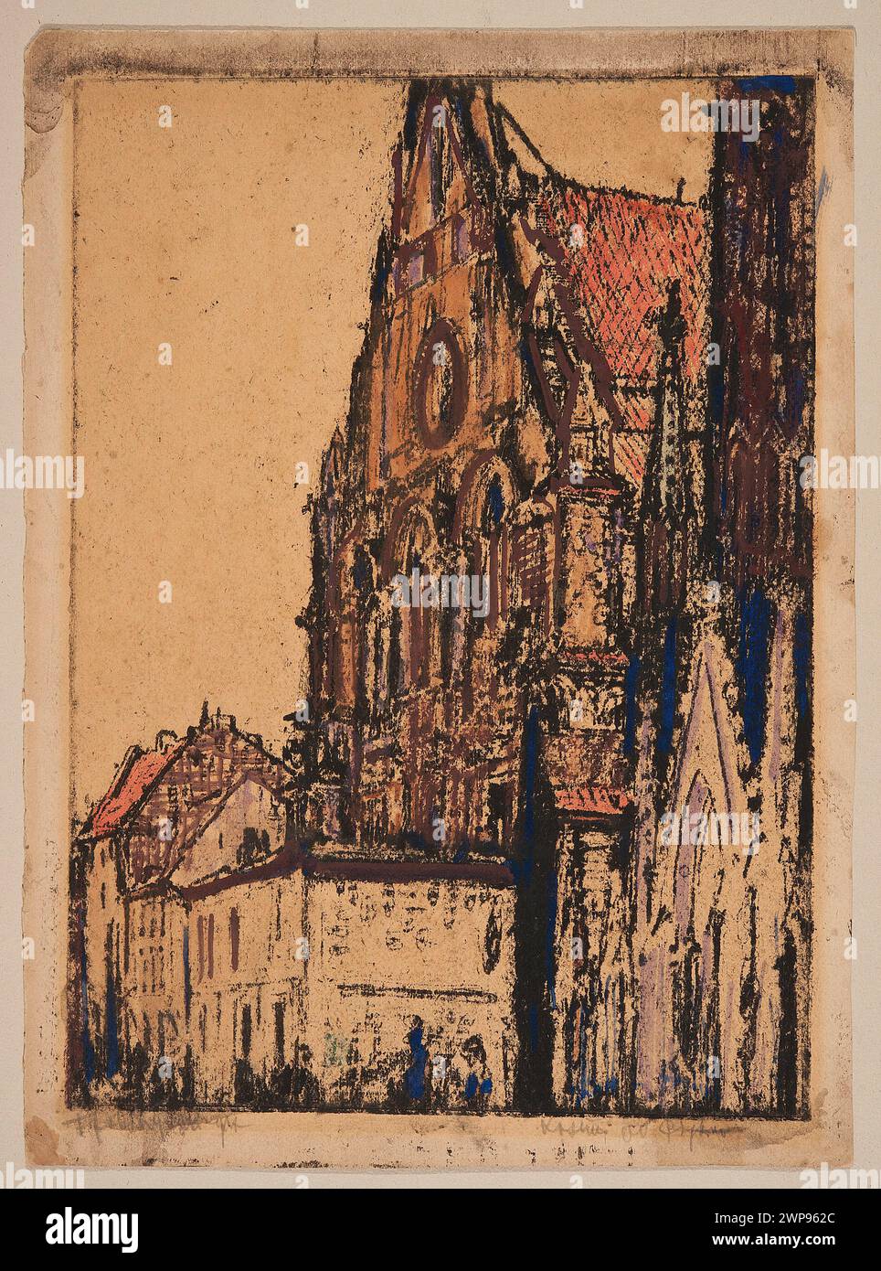 Ein Gemälde von Feliks Apple aus dem Jahr 1917, das die Kirche Pijars in der Warschauer Altstadt darstellt. Das Werk ist Teil der Sammlung von Hanna Jabłczyńska-Jędrzejewska und stellt polnische Stadtarchitektur und religiöse Gebäude des frühen 20. Jahrhunderts dar. Stockfoto