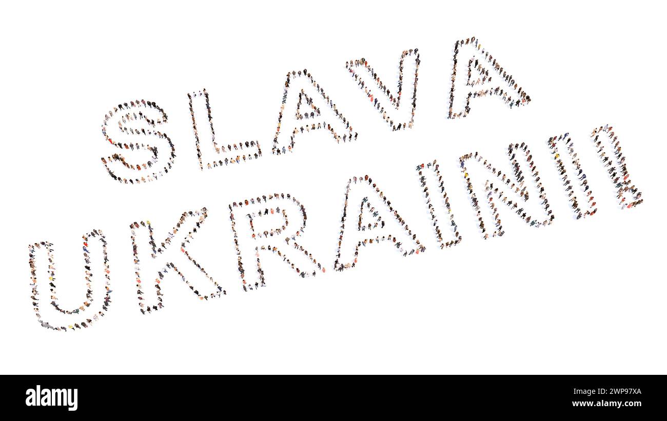 Konzeptionelle grosse Gemeinschaft von Menschen, die SLAVA UKRAINI-Botschaft bilden. 3D Illustration Metapher für Patriotismus, Entschlossenheit, Motivation, Mut Stockfoto