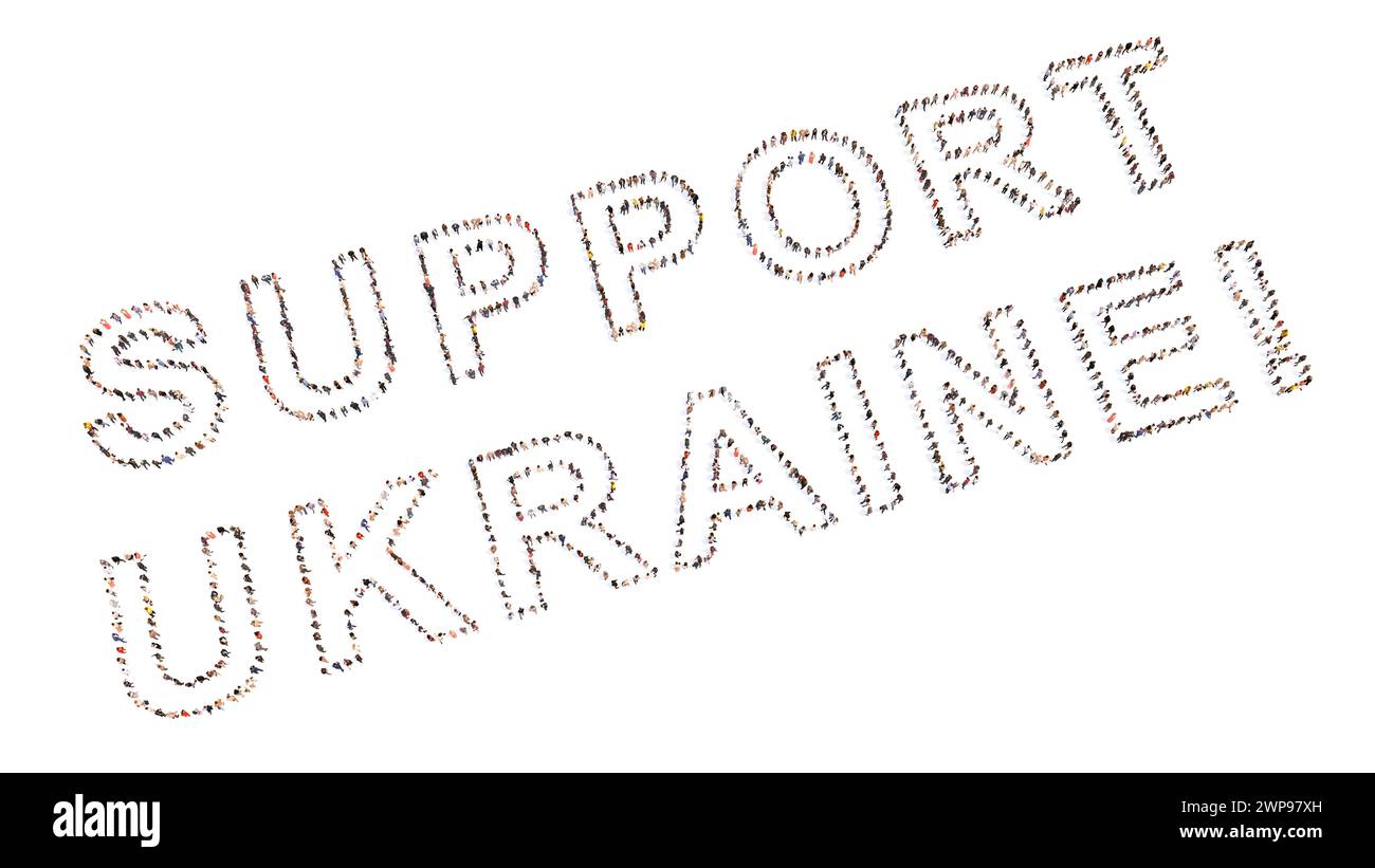 Konzeptbegriff Gemeinschaft der Menschen bilden UNTERSTÜTZUNG UKRAINE Slogan. 3D Illustration Metapher für Gemeinschaft, Freundschaft, Mitgefühl, Freundlichkeit und g Stockfoto