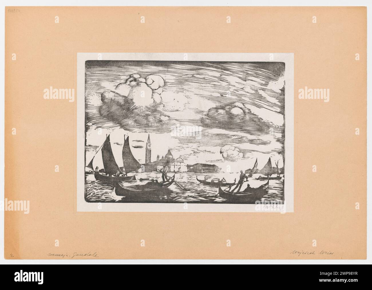 Blick auf Gondeln in der Nähe von San Giorgio Maggiore mit Türmen und Wolken in Venedig, gemalt von Wojciech Weiss (1875-1950), 1925. Teil der Irena Weiss Kollektion, polnische Grafiken. Stockfoto