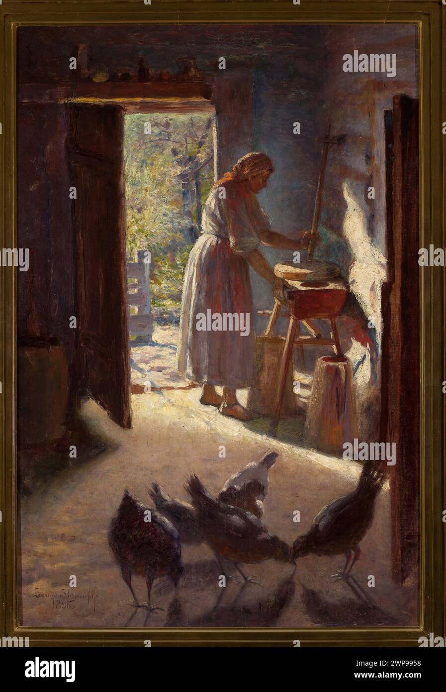 Das Gemälde „Eine Frau an den Arns“ von Leonard Strojnowski aus dem Jahr 1896 zeigt eine weibliche Figur, die Teil dokumentierter Provenienzsammlungen ist und die polnische Kunst des späten 19. Jahrhunderts darstellt. Stockfoto