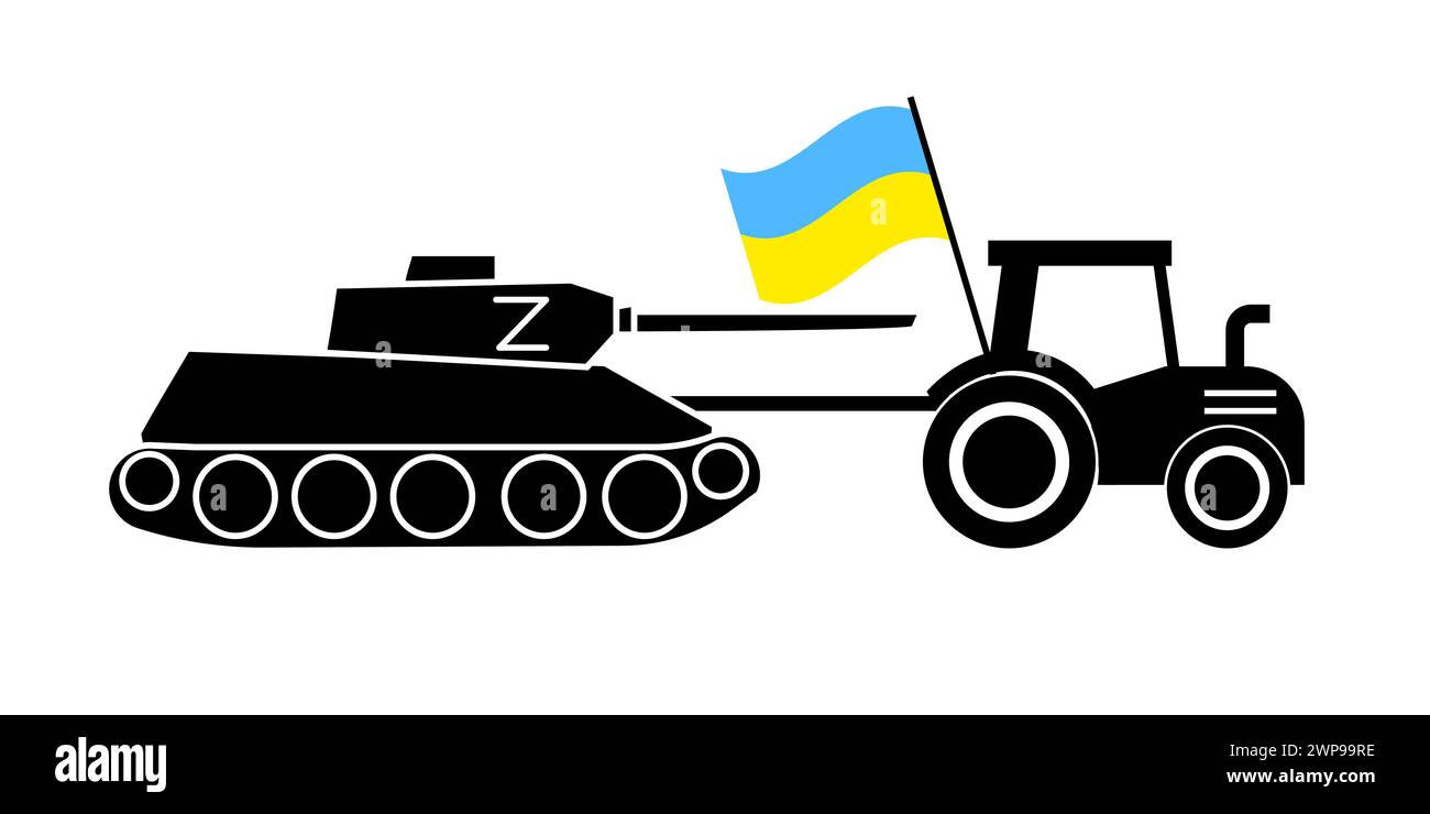 Ein ukrainischer Traktor zieht einen russischen Panzer. Kriegsposter der Ukraine. Ukrainisch-russische Militärkrise. Vektorabbildung. Rohbild. EPS 10. Stock Vektor
