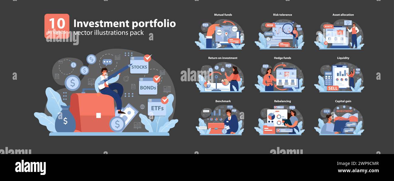 Anlageportfolioset. Verschiedene Finanzthemen werden vorgestellt. Fonds auf Gegenseitigkeit, Risikotoleranz, Asset Allocation. Liquidität, Hedgefonds, Kapitalrendite. Kapitalgewinn, Benchmark-Erkenntnisse Stock Vektor