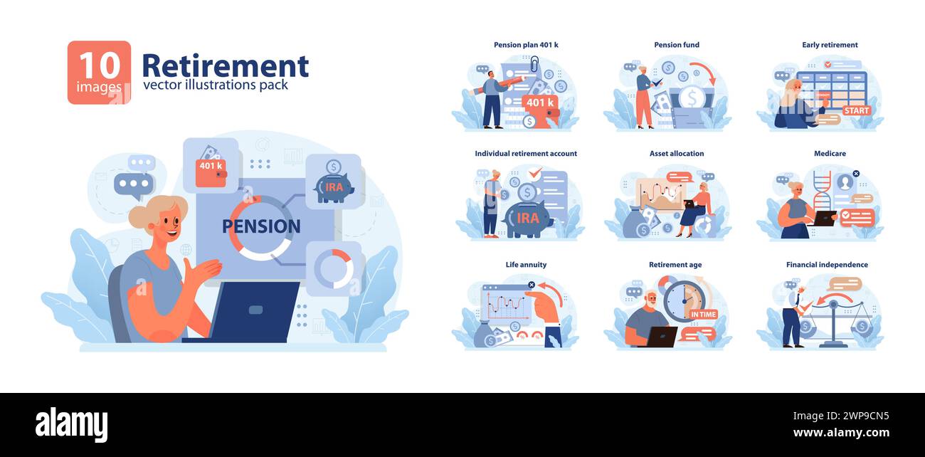 Abgangsset. Navigation in zukünftigen Finanzdaten. Pensionspläne, 401k, IRA, Vermögensverwaltung und Medicare Essentials. Sichern Sie sich Ihre goldenen Jahre. Illustration des flachen Vektors. Stock Vektor