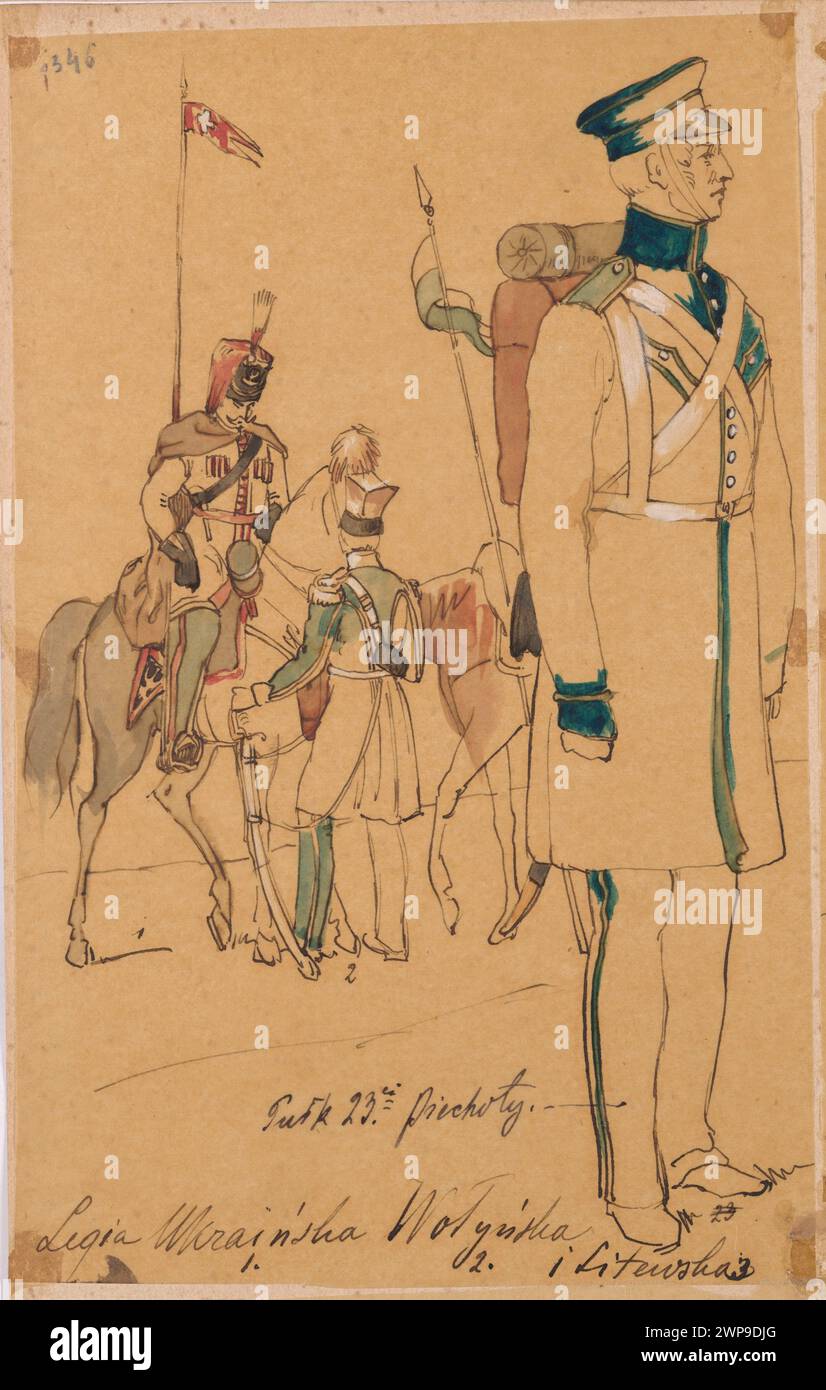 Diese Lithografie zeigt die ukrainischen, Wołyńska und litauischen Legia-Einheiten der polnischen Armee 1831 und zeigt Uniformen und die Organisation regionaler Legionen. Stockfoto