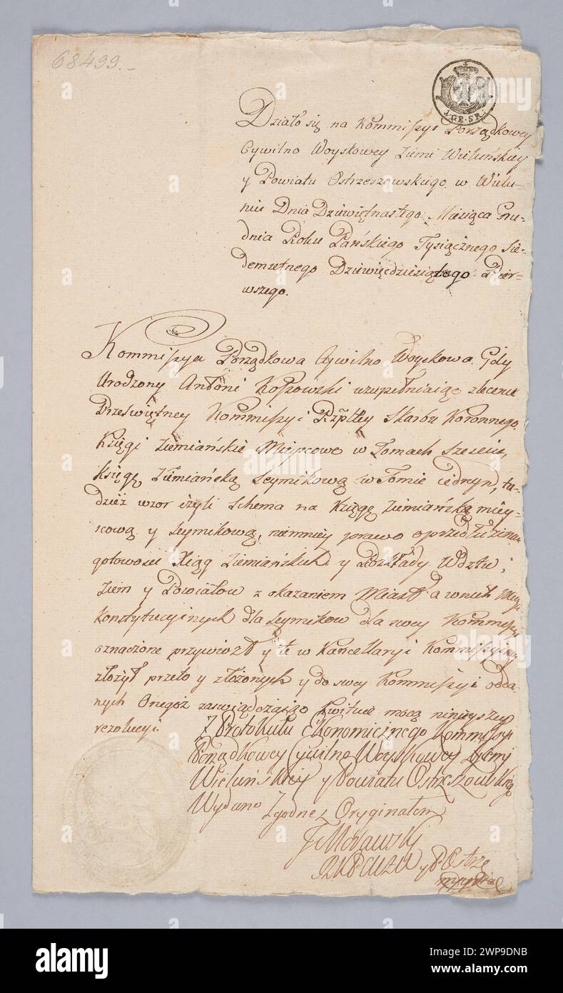 Amtliche Aufzeichnung der zivilen Kommission für Militärland im Jahr 1791, in der die administrativen und militärischen Aufgaben aufgeführt sind. Stockfoto